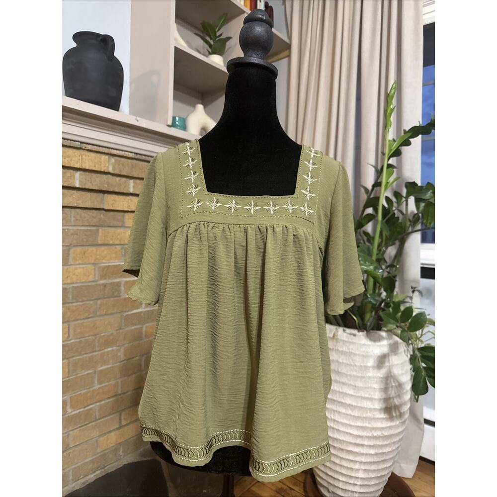 Bobeau Cottagecore Sage Embroidered Babydoll Square Neck Boho Prairie Top M